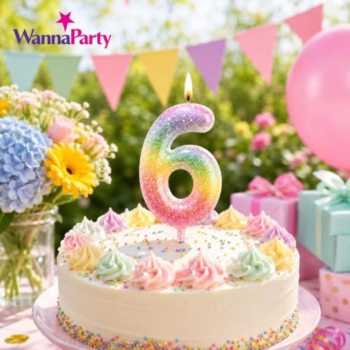 Image of Wanna Party Glitter Colorful 6th Birthday Candle, Number 6 Cake Candle Cake Toppers for Girl Women, Glitter Colorful Themed Party Decorations Supplies Birthday Gifts
