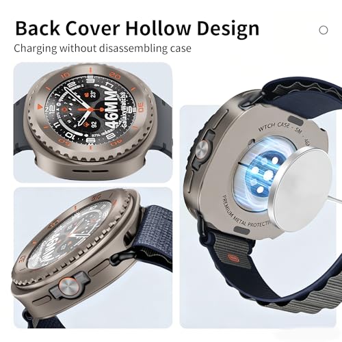 SDOCEBF for Samsung Galaxy Watch 8 Classic 46mm, Rotatable Metal Bezel Case, Slim Shockproof Bumper with Back Cover, Titanium/Orange — view 4