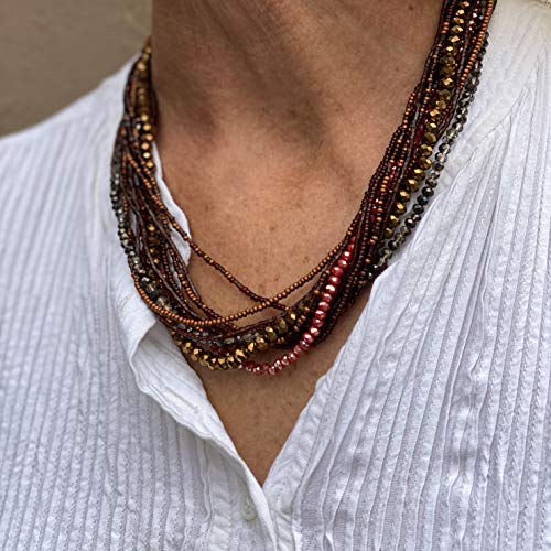 Necklace Red Brown And Copper, Multi Color Sparkly Beads, Handmade Women's Jewelry, Multi-Strand, Magnetic Clasps, (Red) #TOP4