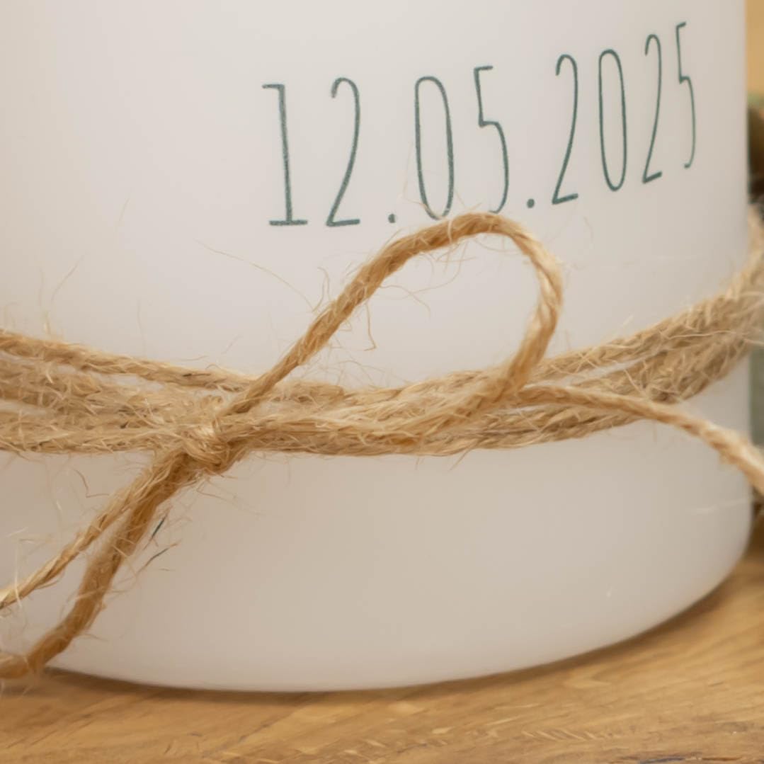 Hochzeitskerze mit Designdruck FILZMOOS personalisiert mit Namen und Datum, individuell