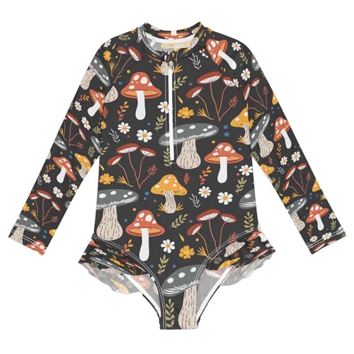 Mushroom and Flower 1 Girls Long Sleeve Swimsuits One Piece Zipper Bathing Suit UPF 50+ Rashguard Swimwear