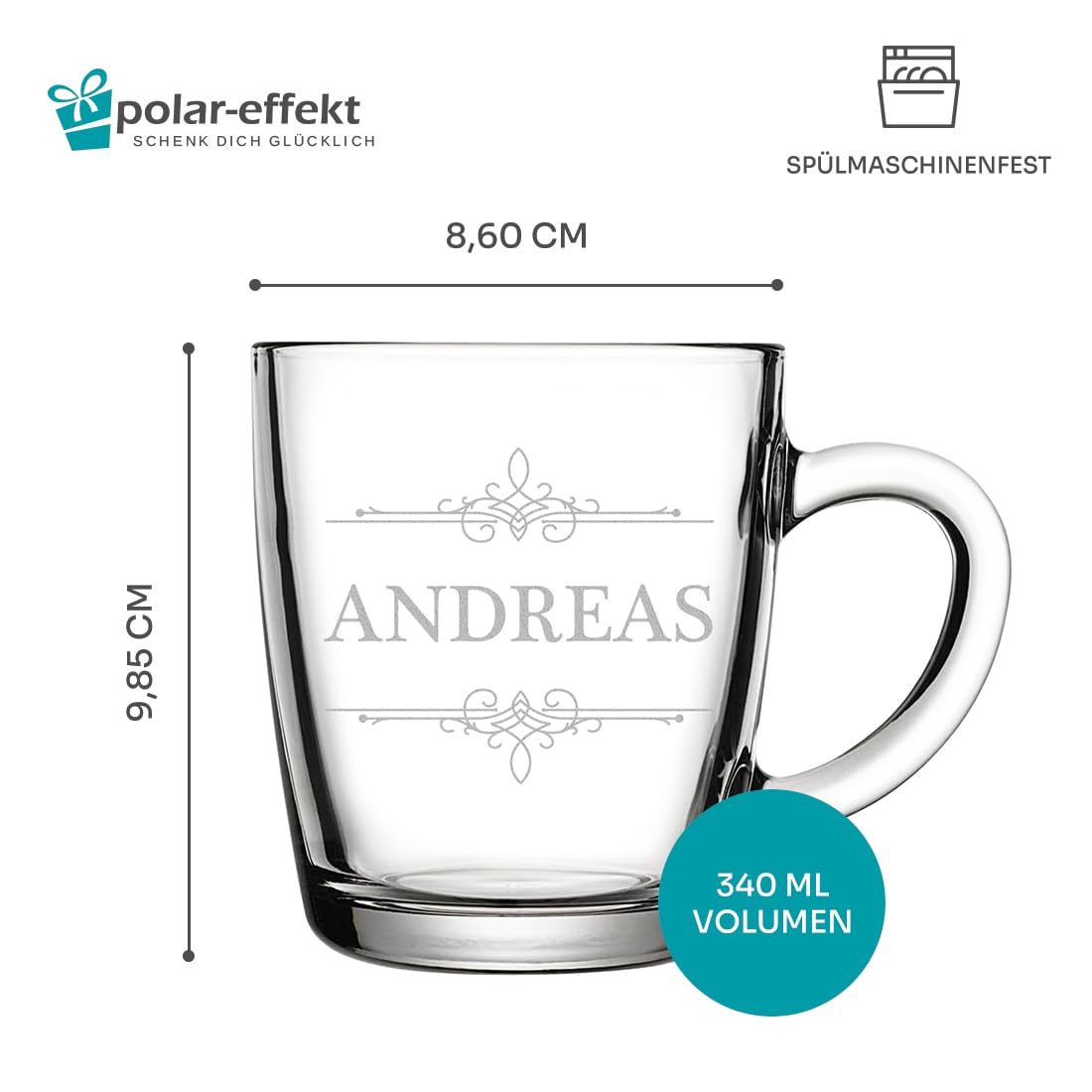 polar-effekt Glas Teetasse 340 ml 6 Stück mit Gravur - personalisiertes Kaffeeglas - Geschenk zum Geburtstag - Trinkglas für Heißgetränke