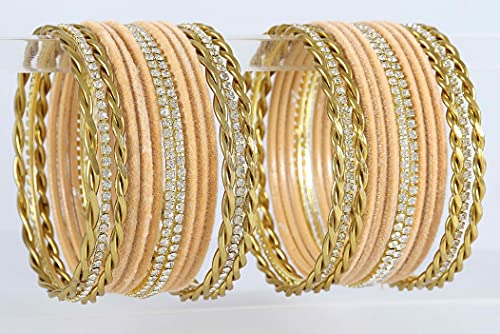 Image of NMII Gold Plated Metal Velvet Bangles Set For Women & Girls with Zircon Gemstone Studded | Traditional Women's Bangles | Designer Gold Bangles | Fashion Jewellery- Set of 28