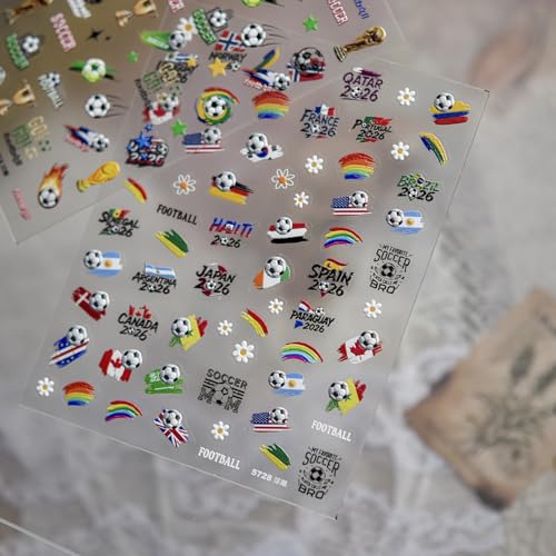 Image of Soccer Nail Stickers World Cup Flag Nail Decals Football Nails Stickers with Rainbow Design 5D Self Adhesive Patriotic Nails Charms Supply for Women DIY Manicure Decoration