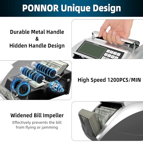 PONNOR Money Counter Machine with Value Bill Count, Cash Counter for Dollar, Euro with UV/MG/IR/DD/DBL/HLF/CHN Counterfeit Detection, Add/Bat/Value Mode Bill Counting Machine with Large LCD Display