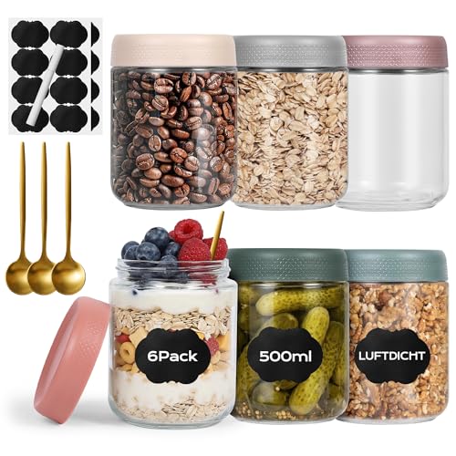 BASVII 6 Stück Overnight Oats Gläser 500 ml Meal Prep Gläser Luftdicht Komplett mit Löffel Etikett und Stift Einmachgläser mit Schraubdeckel Geeignet für Eingelegtes Nüsse Salate
