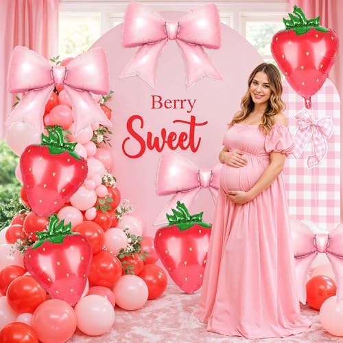 Image of Kriyokiaa 9 PCS Pink Bow and Red Strawberry Foil Balloons for Strawberry Birthday Decorations, Pink Bow Birthday Decorations, Berry First Birthday and Berry Sweet Girl Baby Shower Party Decor