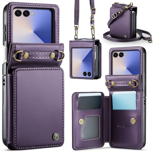 Vinich Crossbody for Samsung Galaxy Z Flip 7 Wallet Case with Strap Card Holder RFID Blocking Kickstand Shockproof Flip Phone Cover Fit for Galaxy Z Flip 7 6.9 Purple