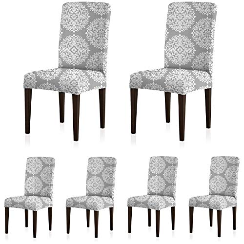 ColorBird Plant Series Spandex Dining Chair Slipcovers Removable Universal Stretch Chair Protective Covers for Dining Room, Hotel, Banquet, Ceremony (Set of 6, Grey Leaf)
