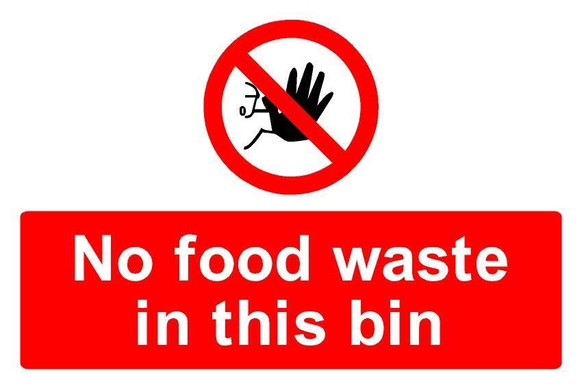 No food waste in this bin prohibition sign - Self adhesive sticker (400mm x 300mm)