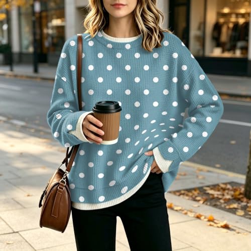 Waffle Knit Crew Neck Sweatshirts Women Oversized Polka Dot Layered Tops - image 5