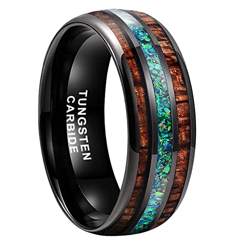8mm Silver/Black/Gunmetal/Rose Gold Tungsten Rings for Men Women Engagement Wedding Bands Koa Wood Green Opal Inlay Domed I Love You Engraved Comfort Fit