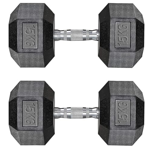 haltères hexagonaux en fonte avec revêtement en caoutchouc de 30 kg (2 x 15 kg - Noir)