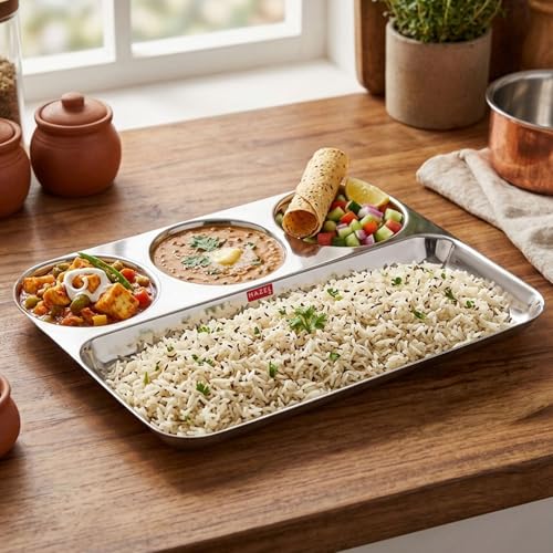 Image of HAZEL Stainless Steel 4 Compartment Section Plate | All in 1 Thali | Divided Lunch Tray for Meals, Portion Control & Daily Dining Use