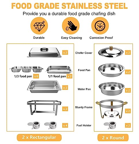 Festa Essential 4 Pack Chafing Dish Buffet Set Stainless Steel 5 Qt Round&8 Qt Rectangular Chafers Food Warmers With Full,1/3 Rectangular&Round Food Pan,Fuel Holder,Foldable Frame For Catering Events #TOP3