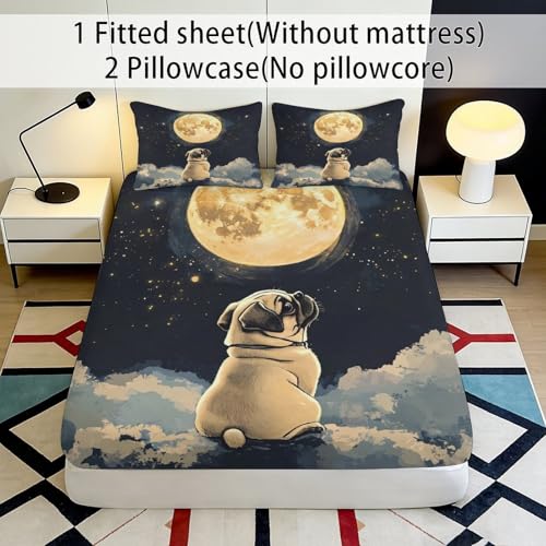 Drap housse imprimé 3D chien lune en tissu microfibre doux et résistant - 3