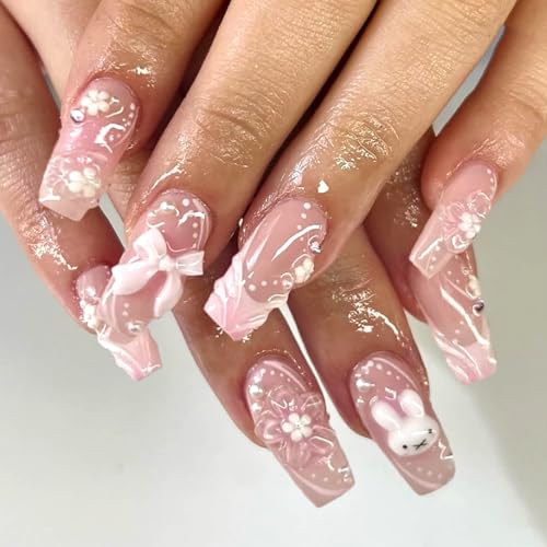 Soft Gel Press On Nails Long Coffin Pink 3D Flower Bow Bunny Desi...