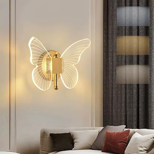 GZZBMY LED Interior Aplique de Pared Habitación Infantil Luz de Pared Creativo Mariposa Lámpara de Pared 10W 3 Colores Regulable 3000K/4000K/6000K Dorado Dormitorio Salón