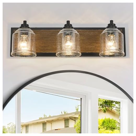 YKLITG Farmhouse Vanity Light, 3-Light Dark Wood Bathroom Vanity Light Fixtures with Seeded Glass Shades, Bathroom Light Fixtures Over Mirror, BD005-3-DW