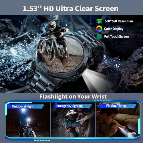 Smartwatch Herren Damen, 1.53\ HD 1000mAh Militär Smart Watch mit Telefonfunktion, 100+Sportmodi Fitnessuhr Tracker, IP68 Wasserdicht Sportuhr, Herzfrequenz Schlafmonitor Schrittzähler Android iOS