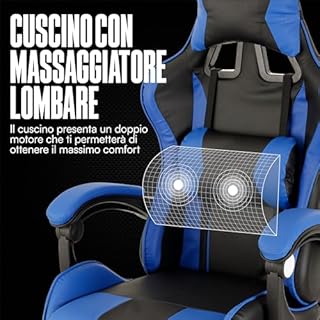 Baroni Home Sedia da Gaming Ergonomica con Massaggiatore Lombare, Sedia da Ufficio con Schienale Reclinabile con Cuscini Regolabili Poggiatesta e Supporto Schiena, Blu
