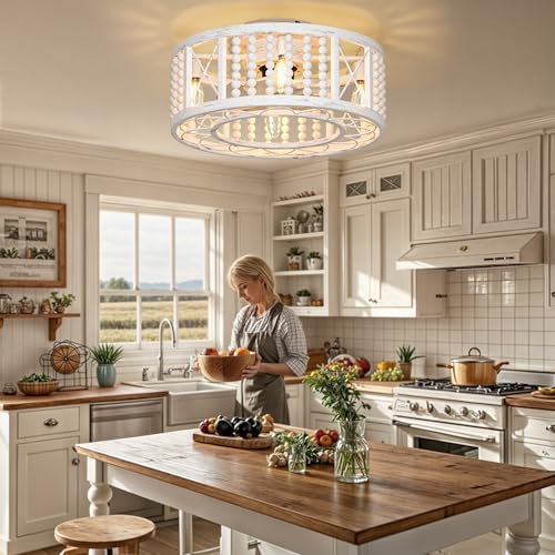 DWVO 18.5 Inch Caged Ceiling Fan with Lights and Remote, Beaded Decor, Farmhouse Flush Mount Ceiling Light Fixture with Reversible DC Motor, 6 Speeds, for Bedroom, Living Room, Dining Room (Off-White)