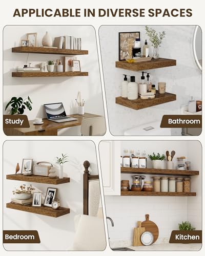 Image of Marsmiles 72 inch Floating Shelves for Wall, Wooden Shelves with Invisible Brackets Set of 2, Rustic Farmhouse Wall Mounted Shelf for Kitchen Bathroom Living Room Study, Rustic Brown