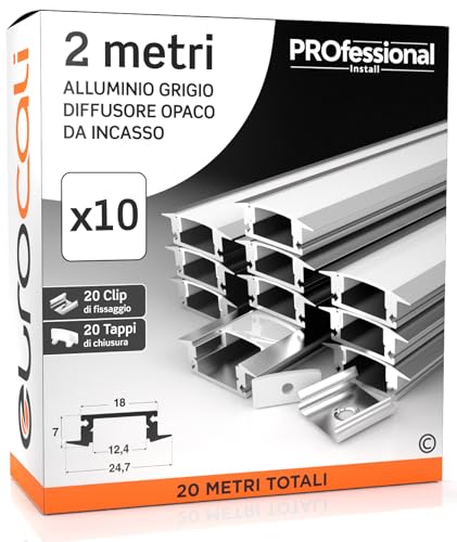 Eurocali 10x Profili da 2 metri (20mt) in Alluminio grigio per Strisce LED Copertura Opaca - larghezza max striscia led 12mm - 24.7 x 7