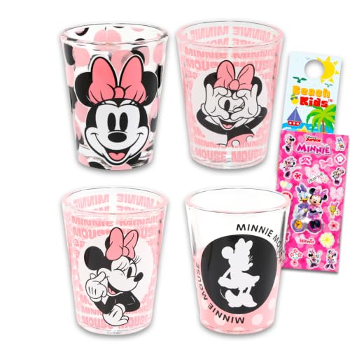 Disney Minnie Mouse Shot Glasses 4 Pack - Bundle with 1.5 Oz Mini Glasses Featuring Minnie Mouse Plus Stickers, More Mini Cups Set (Styles May Vary)
