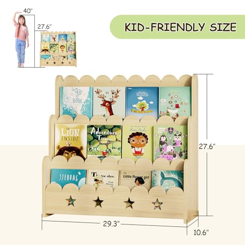 Image of EXPERLAM Scalloped Bookshelf for Kids, 3-Tier Front Facing Book Display Shelf, Solid Wood Montessori Bookcase Organizer for Bedroom, Nursery, Playroom & Classroom