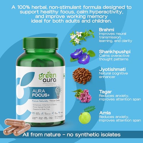 Image of Green Aura Focus+ Brain Supplement for Focus, Memory & Concentration | Ayurvedic Nootropic with Brahmi, Shankhpushpi & Jatamansi | Mental Clarity Support | 60 Veg Capsules | 30-Day Supply