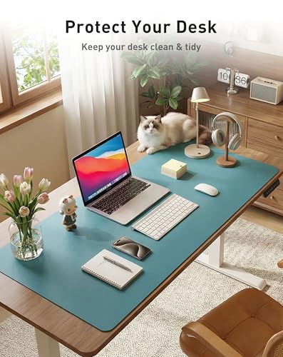 Image of Aothia Faux Leather Desk Mat - Large Mouse Pad, Non-Slip PU Leather Blotter, Waterproof Writing Surface for Office and Home (Turquoise, 42 inch x 17 inch)