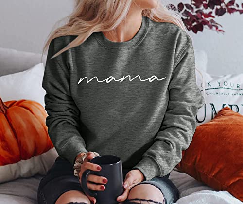 Image of Womens Crewneck Sweatshirt Mama Letter Print Long Sleeve Loose Fashion Pullover Top