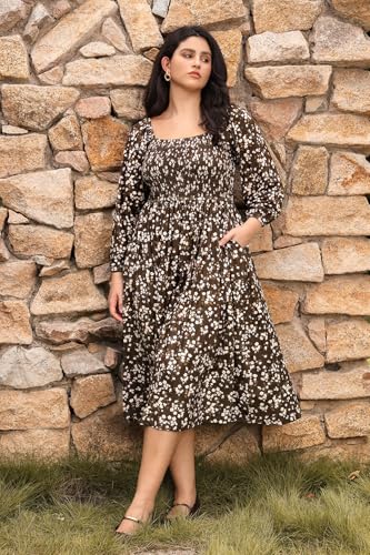 RITERA Plus Size Dresses for Curvy Women Square Neck Fall Long Sleeve Floral Smocked Maxi Dress with Pocket XL-5XL3