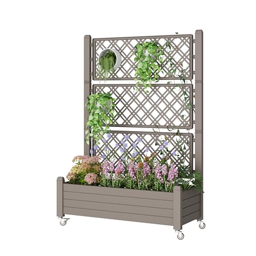 WTFGO Resin Raised Garden Bed with Trellis and Wheels - Plasitc Planter Box with Trellis Outdoor with Drainage Holes & Water Monitor for Climbing Plants Flower Gray(61.2 H)