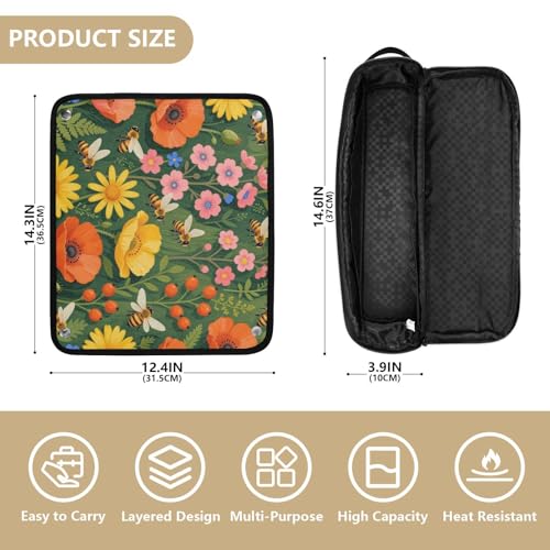 Bolsa de viaje para herramientas de cabello y tapete resistente al calor con cierre, gran capacidad organizadora para planchas, rizadores, secadores, diseño con abejas y flores silvestres, esenciales para mujeres miniatura 4
