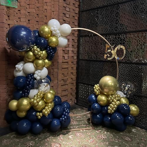 Image of Blue and Gold Balloons Arch Garland Kit, 134pcs Navy Blue Gold White Balloons with Different Size for Graduation, Birthday, Anniversary Party Decorations