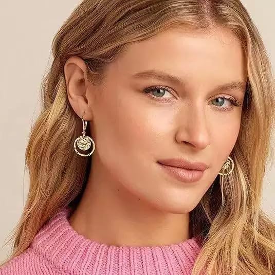 Hypoallergenic Bohemian Disc Leverback Dangle Earrings for Women - Gold/Silver Two-Tone Circle Flat Hammer Pattern Fashion Jewelry Gifts Hammered Drop Earrings - Image 4