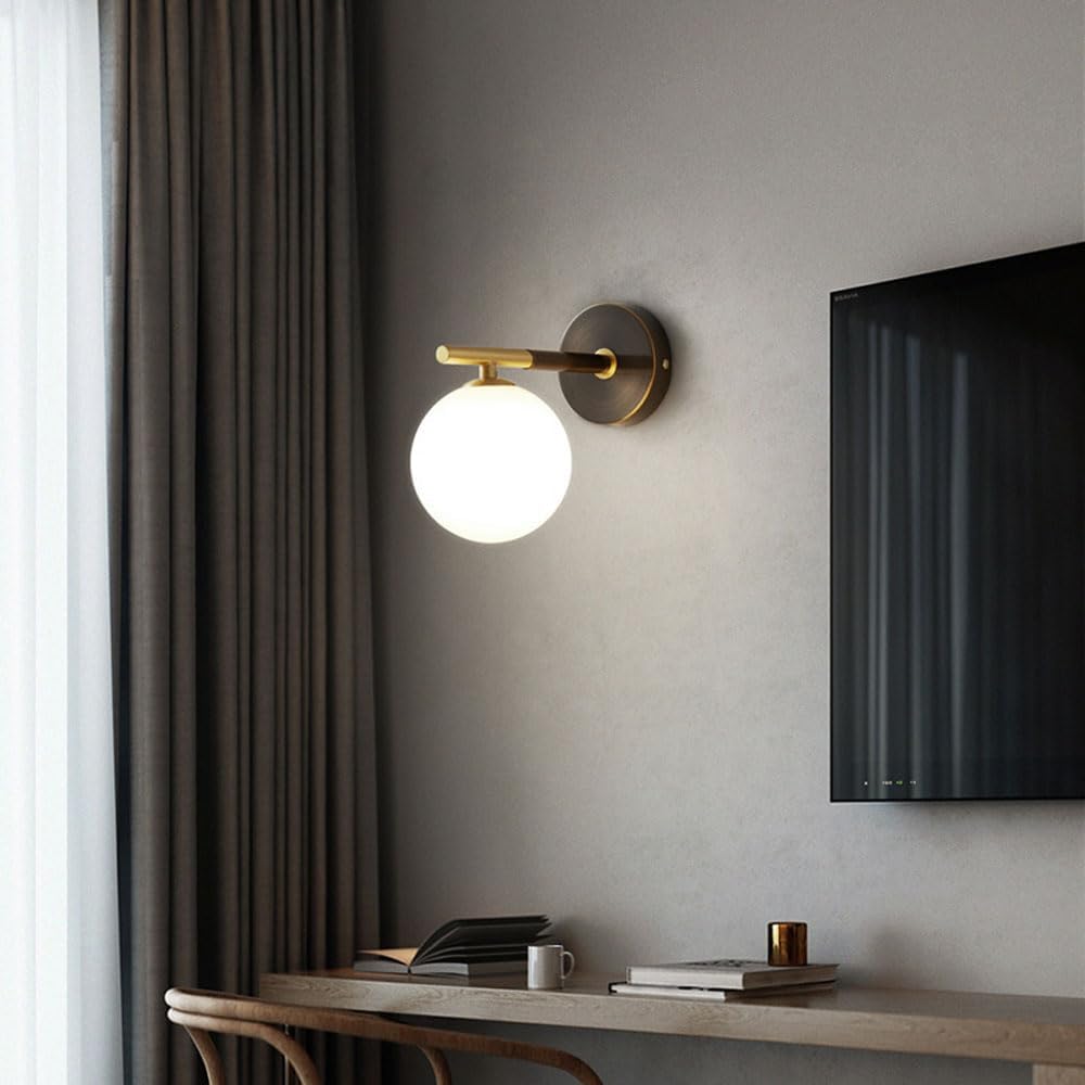Milk White Globe Glass Wall Light Nordic Vintage Hallway Wall Sconce Light Bedroom Modern Vanity Light Bathroom Light Fixtures Black and Gold Indoor Wall Lamp for Living Room Hallway