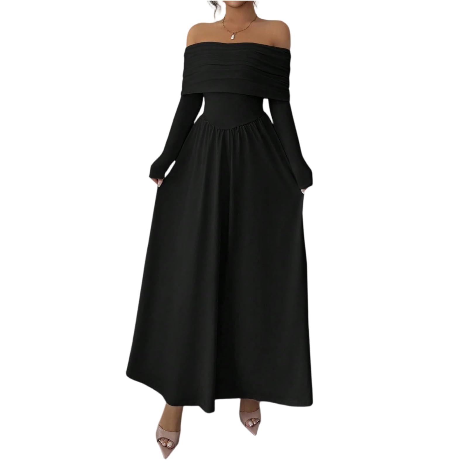 Kleid Damen Elegant Schulterfrei Langarm Festlich Abendkleid Damen Lang A Linie Hochzeit Frühlingskleid Maxi Kleider Hochzeitsgast Cocktailkleid Plissee Partykleid Tailliert Lange Ballkleider