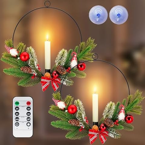 2Pack Christmas Wreaths for Front Door with Timer & Flickering LED Taper Candles & Remote, 16'' Windows Wreaths, Fireplace Christmas Decorations Cover