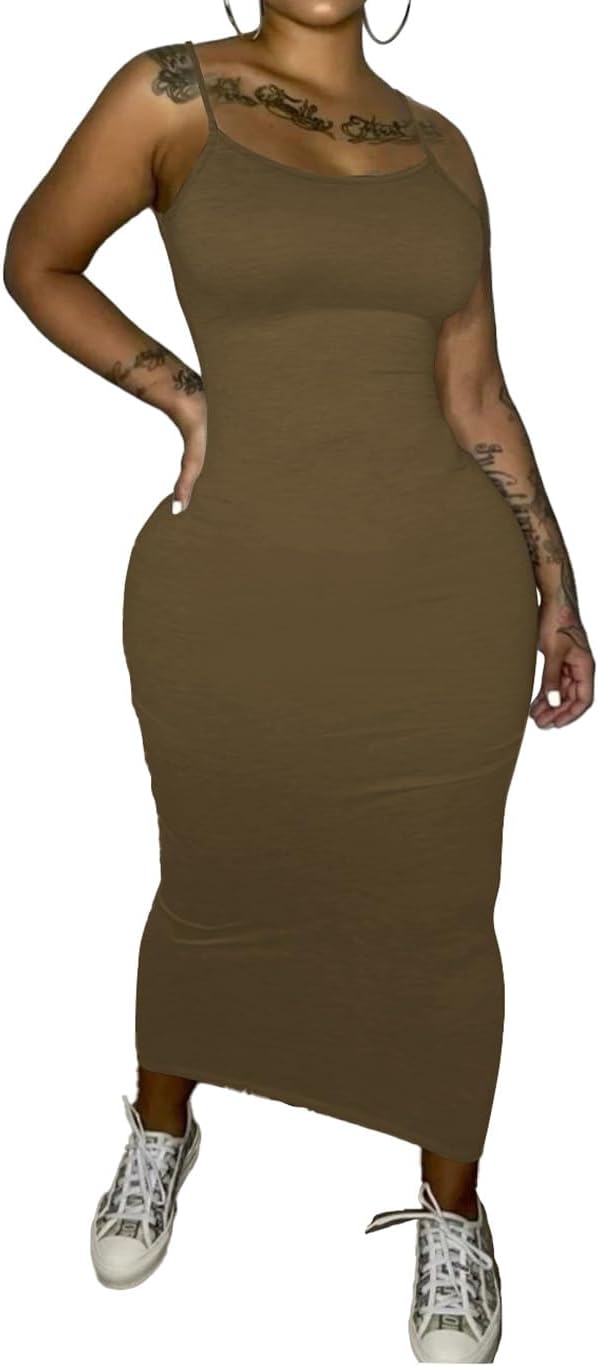 PINSV Women's Bodycon Long Slip Dress Spaghetti Strap Summer Maxi Dress Modern Casual Sundress Coffee XXL - Image 3
