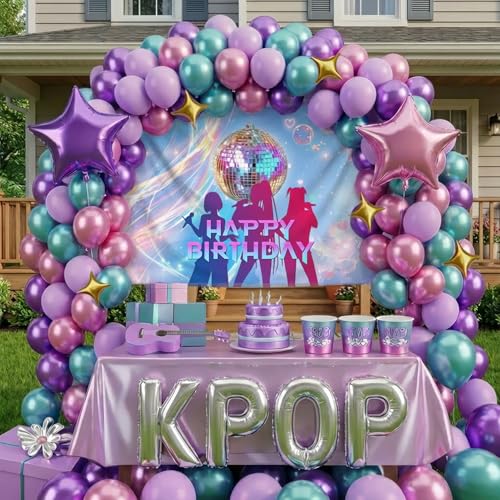 Purple green pink Balloon Arch Garland Kit with backdrop Star Kpop letter mylar balloons for kpop music Birthday Decorations Y2K Movies fans Prom Party Supplies