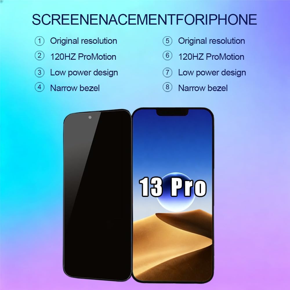 Schermo di ricambio per iPhone 13 Pro OLED FHD da 6,1", touch screen digitalizzatore e kit di riparazione completo (OLED