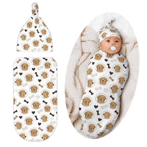 Image of Golden Retriever Swaddle Blanket with Hat for Baby, Dog Theme Swaddling Baby Stuff