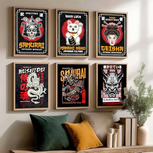 Image of HOTHOUSE Japanese Samurai Art Wall Framed Posters | Aesthetic Japanese Theme Framed Poster for Living Room Bedroom Gaming Room Studio Wall Decor Set Of 6 (10X13 inch)