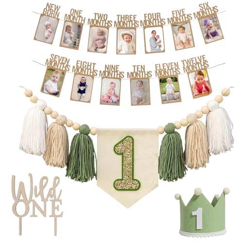Baby First Birthday Party Decorations First Highchair Banner For Baby Boys Blue High Chair Banner Crown Cake Topper Baby Photo Banner 1st Birthday (Green-1)