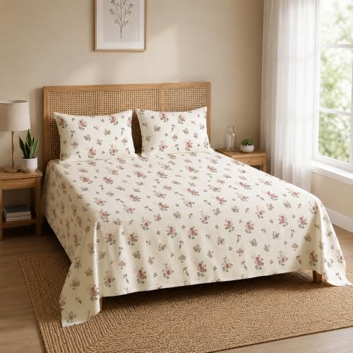 Image of HOMEMONDE King Size Bedsheet | Cotton Flat Sheet with Two Pillow Cover | 186 TC |Floral Design| All-Season Soft Bedsheet for King Bed (108 x 108 Inch /274 x 274 cm, Blush Garden)