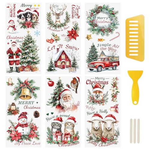 WANDIC 6PCS Christmas Theme Rub On Transfer Stickers, Snowman, Reindeer