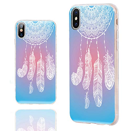 iPhone Xs Case Cute,iPhone X Case Cool,iPhone 10 Case,ChiChiC Slim Flexible Soft Rubber Silicone TPU Clear Case Cover with Design for Apple iPhone Xs X 10,Abstract White Dream Catcher on Sky Blue Rose